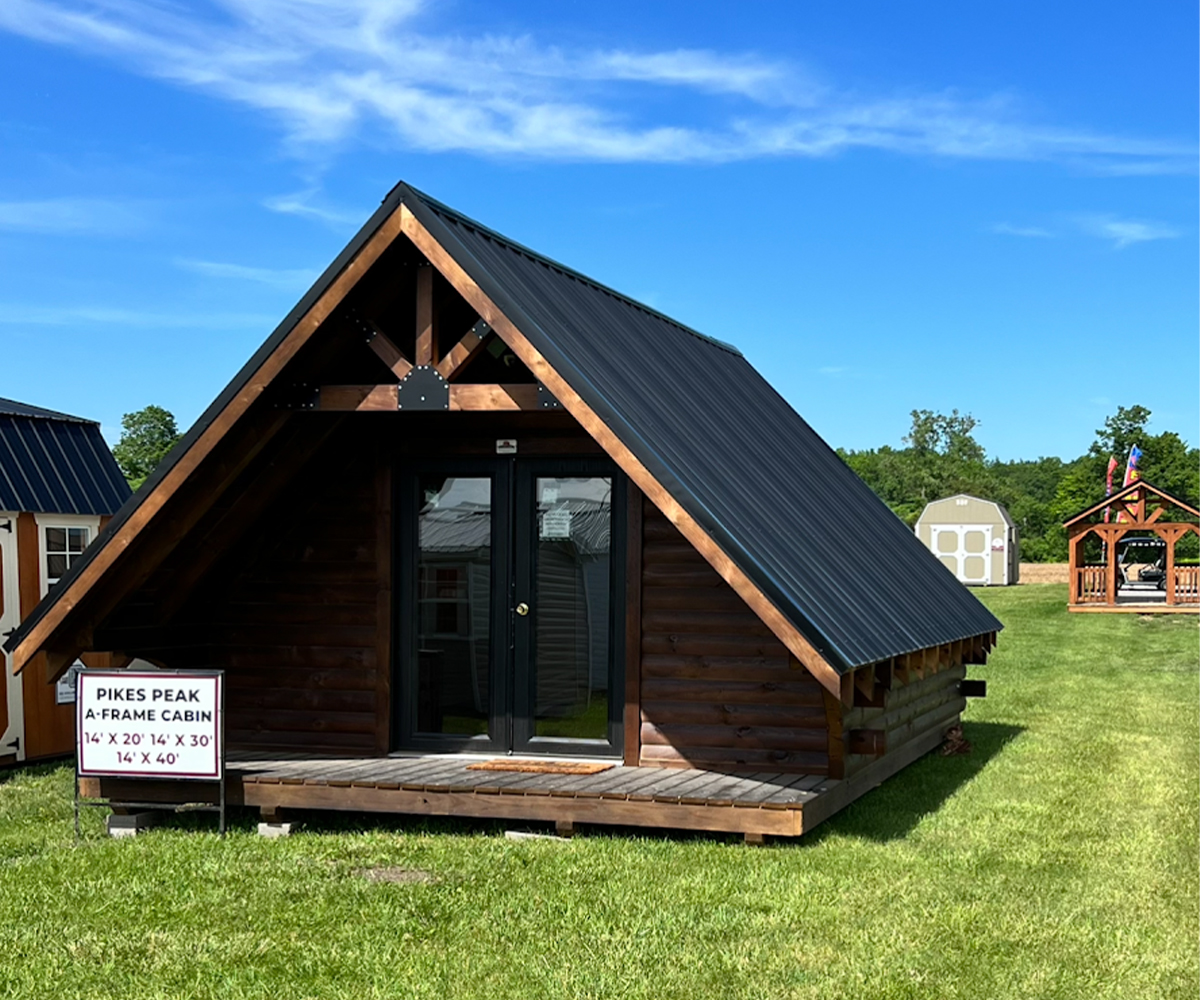 Extra-large A-frame shed cabin demonstrating the biggest shed sizes for hobby or business storage.