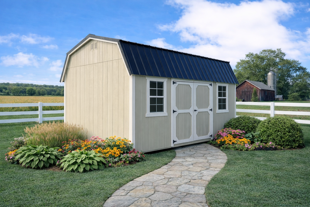A Rochester, NY-based customer's amish shed in their home's yard surrounded by beautiful flowers 3 months after Gigglin' Pig delivered it.